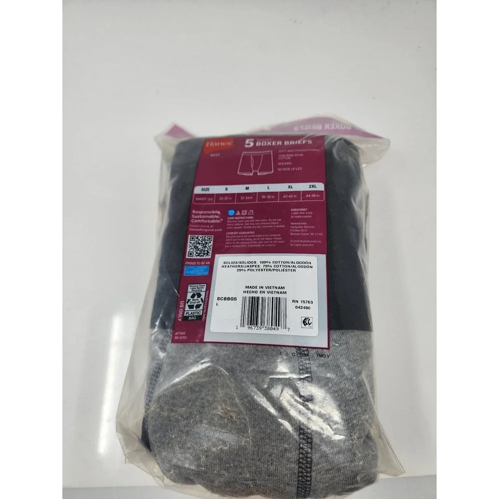 Hanes Mens Tagless Boxer Briefs Black Cotton Blend Casual Size Large